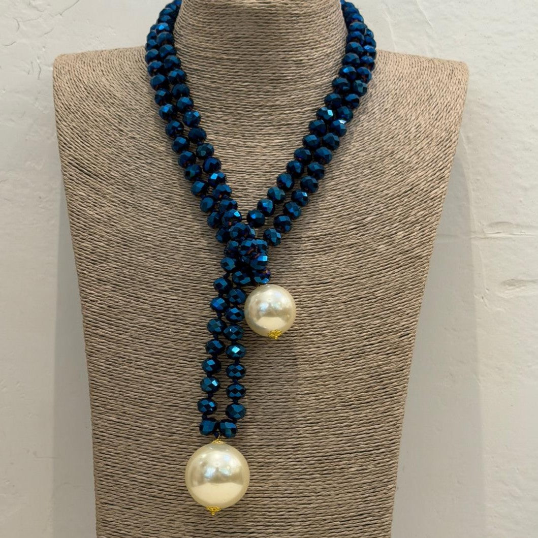 COLLAR SPHERA AZUL TORNASOL CON BOLAS PERLA
