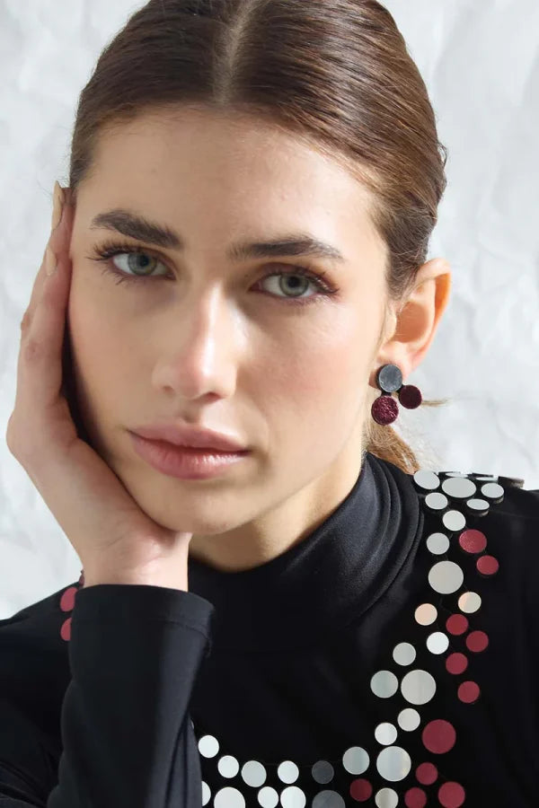 ABSTRACTION SMALL SILVER AND BURGUNDY EARRINGS