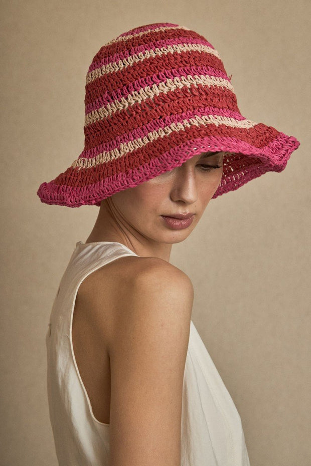 SOMBRERO RAFIA RAYAS FUCSIA