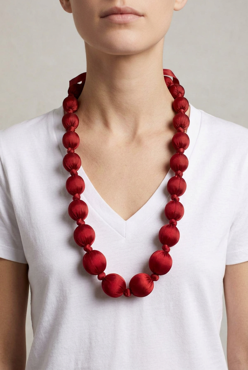 Collar Seda Kon M rojo sobre modelo con largo corregido hasta un poco por debajo del pecho