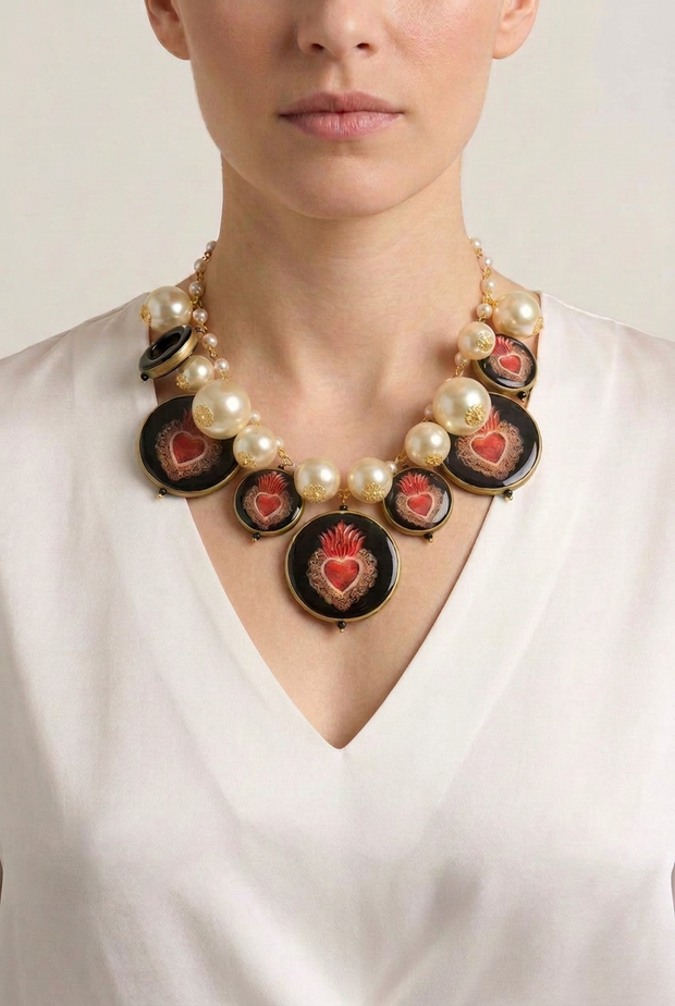 Gargantilla Medallones Cuori de Sagrado Corazón sobre modelo con perlas de tamaños graduados y camisa blanca con escote cerrado