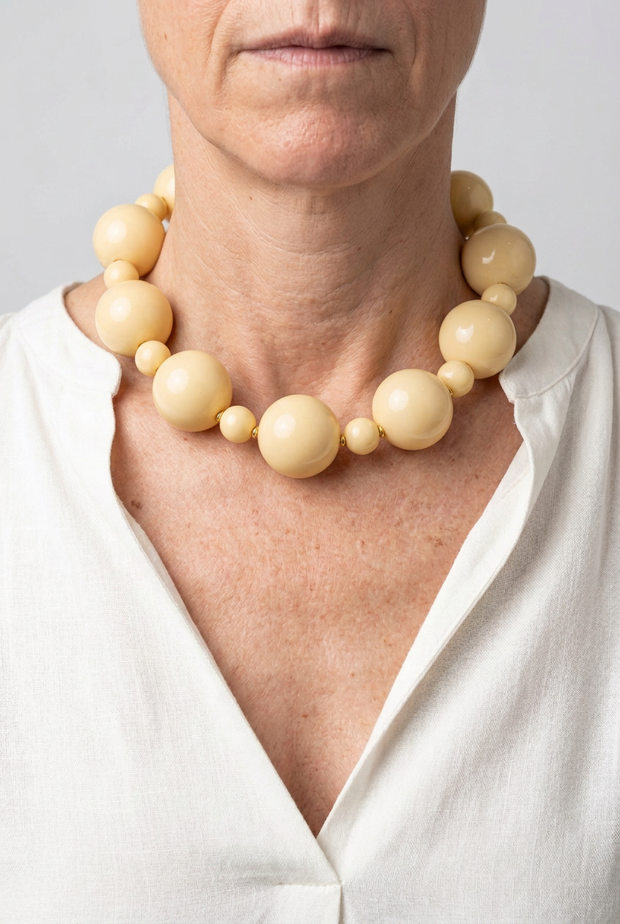 Collar Alternata marfil puesto con blusa blanca y fondo neutro