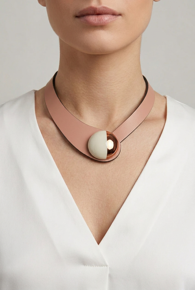 Collar de cuero nude con botón cerámico crema y cobre sobre modelo