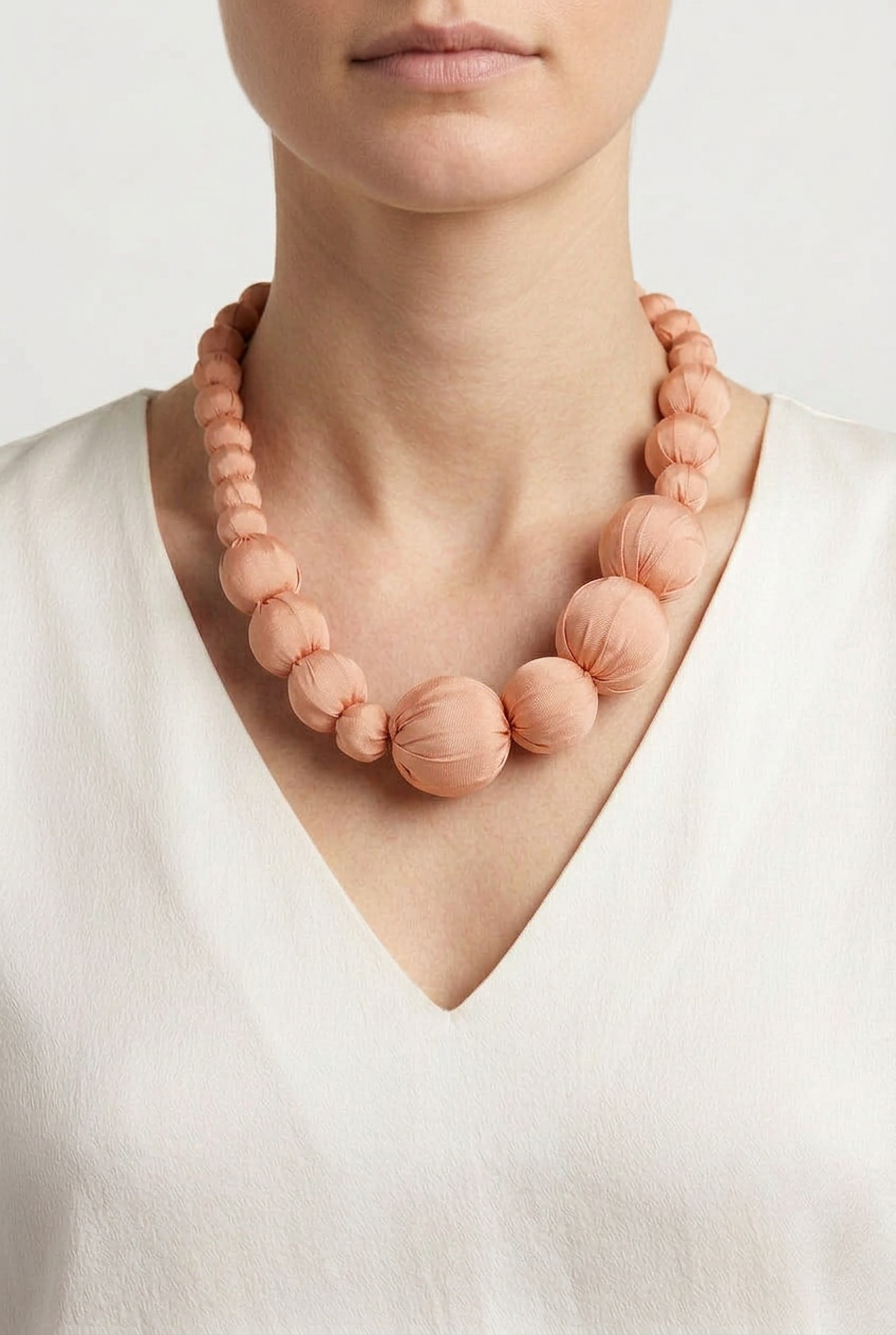 Collar Seda Lonh nude sobre modelo con la nueva presentación