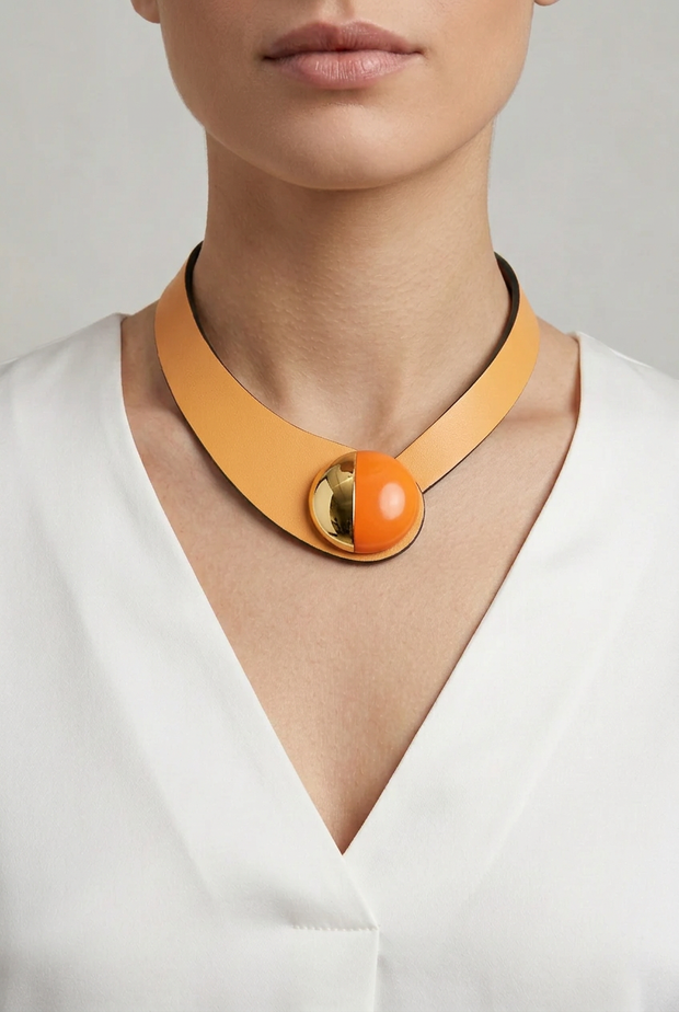 Collar de cuero mandarina con botón oro y naranja sobre modelo